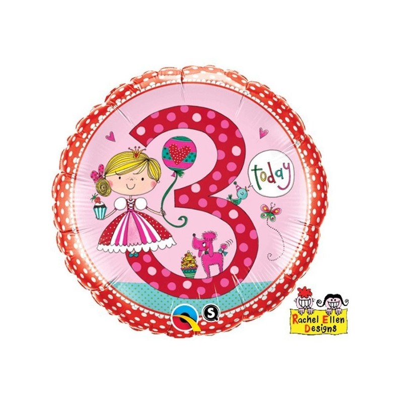 Qualatex 18 Inch Round RE Foil Balloon - Age 3 Princess Polka Dots