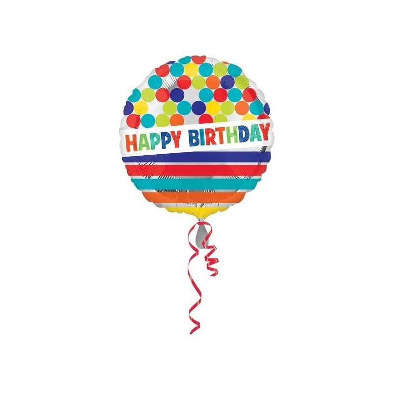 Anagram 18 Inch Circle Foil Balloon - Happy Birthday Dots & Stripes On Silver