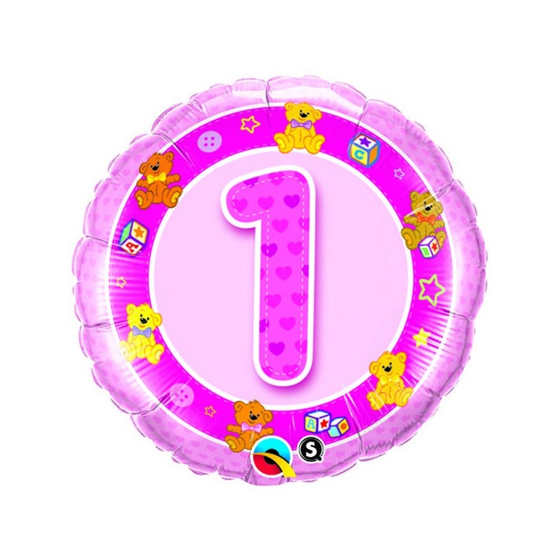 Qualatex 18 Inch Round Foil Balloon - Age 1 Pink Teddies