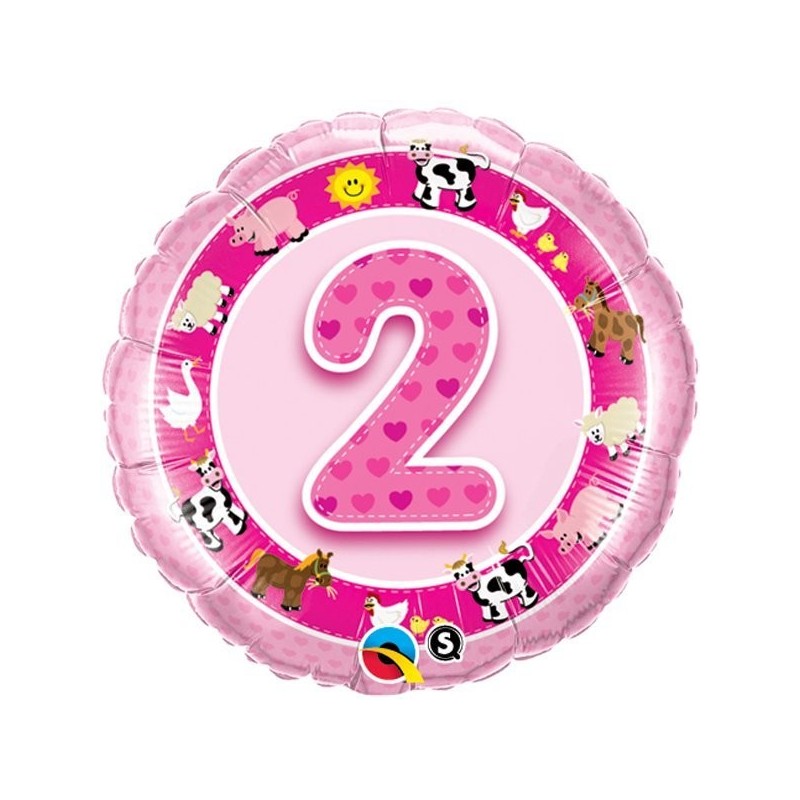 Qualatex 18 Inch Round Foil Balloon - Age 2 Pink Farm Animals