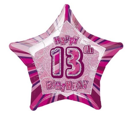 Unique Party 20 Inch Star Foil Balloon - 13th Pink