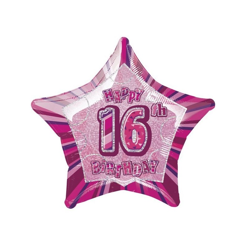 Unique Party 20 Inch Star Foil Balloon - 16th Pink