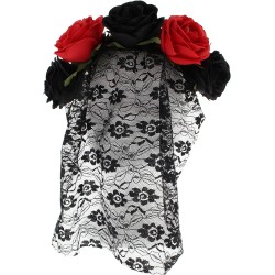  Day Of The Dead Costume Red&Black Rose Lace Veil Headband Halloween Fancy Dress 