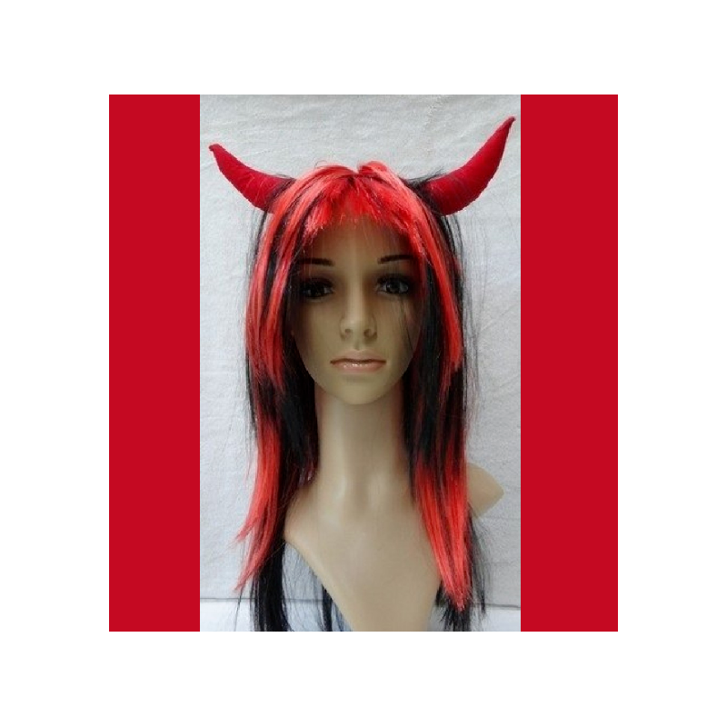Fancy Dress Red & Black Wig With Devil Horns